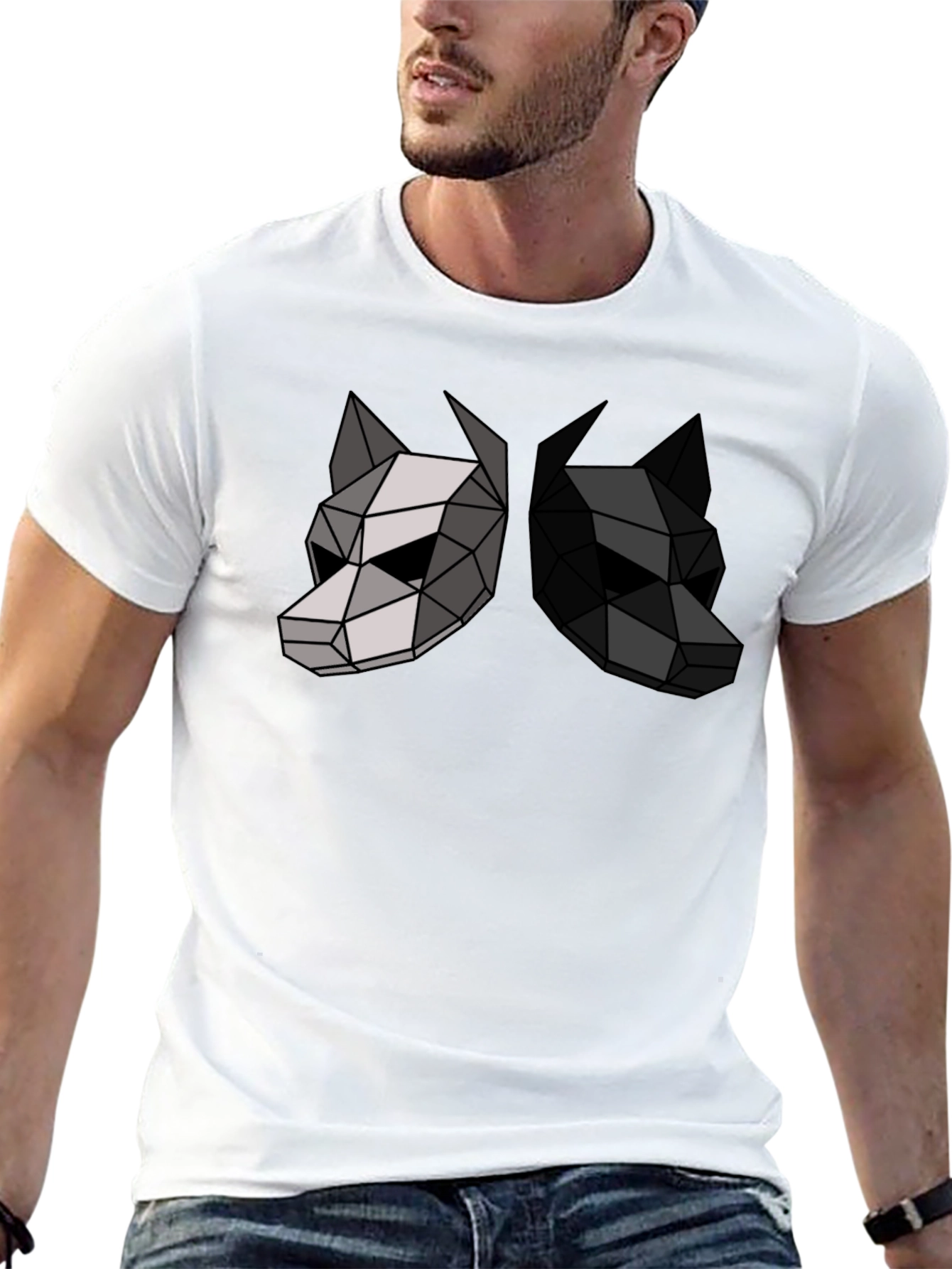 Camiseta Negra con Diseño Geométrico de Dos Lobos