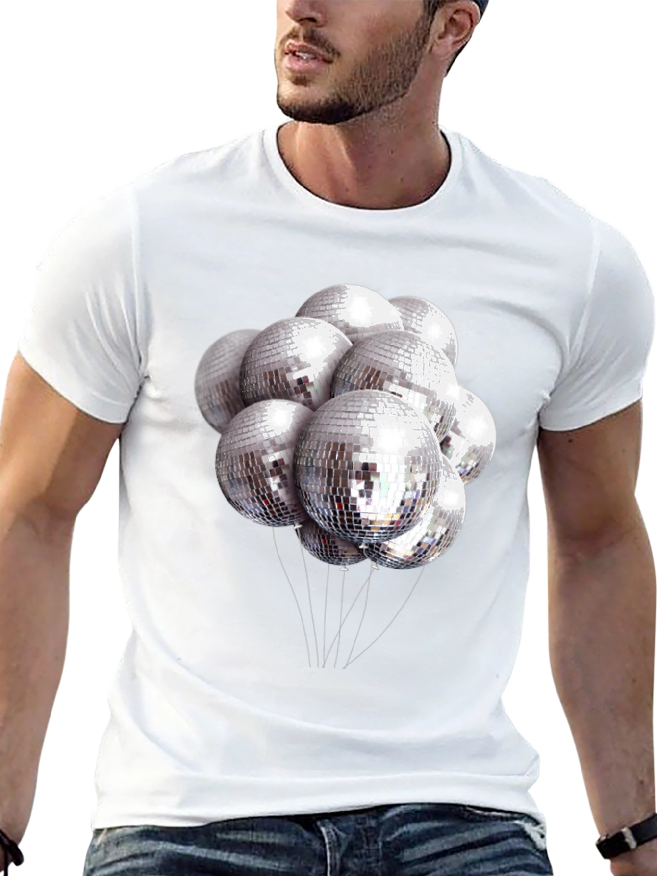 Camiseta Negra con Estampado de Bolas de Discoteca