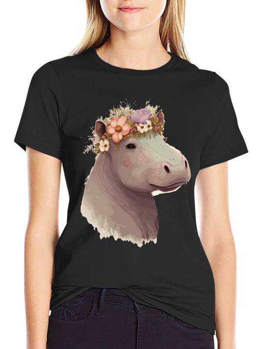 Camiseta Negra con Hipopótamo Floral