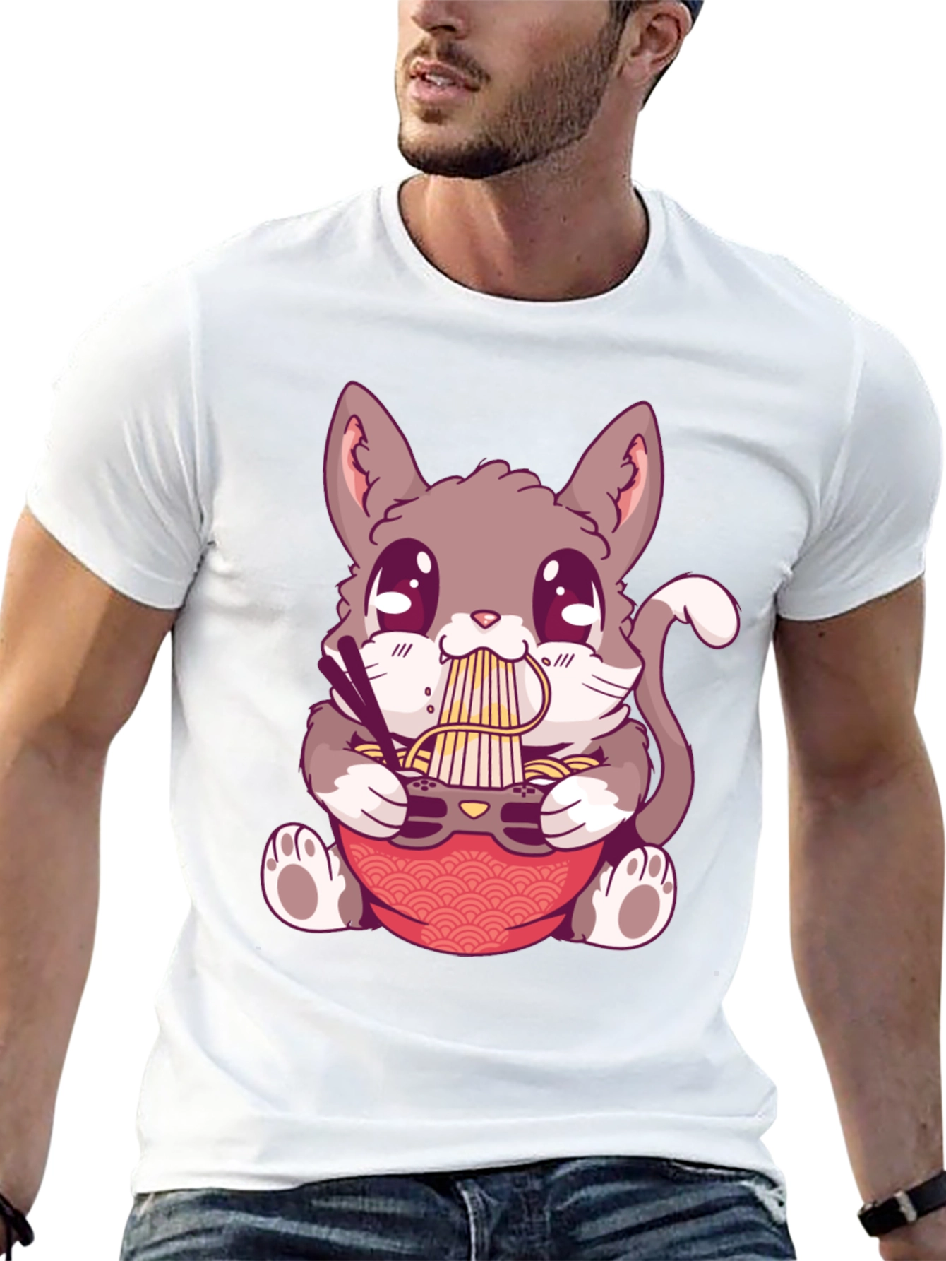 Camiseta Negra con Diseño de Gato Comiendo Ramen