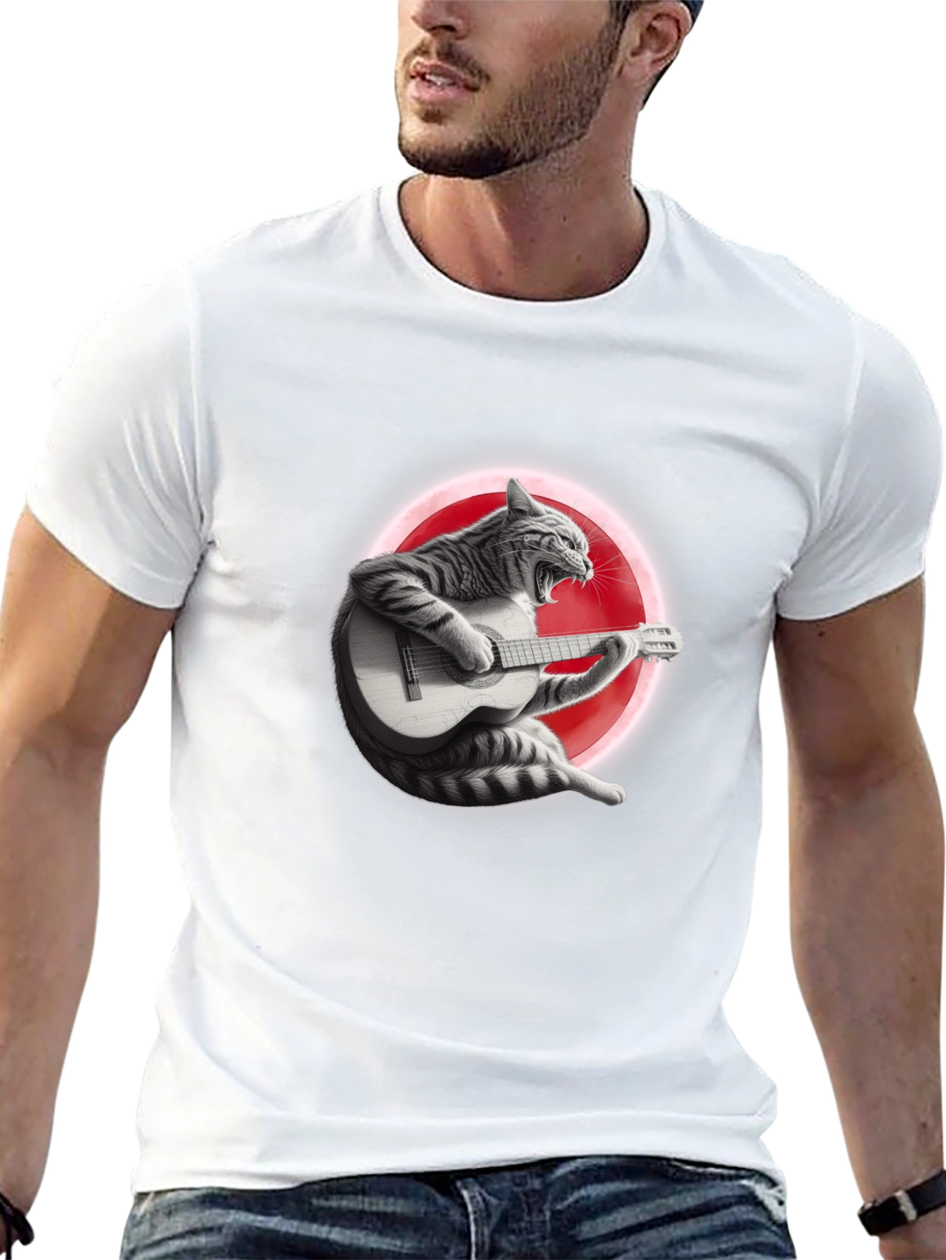 Camiseta Negra con Gato Guitarrista Rockero