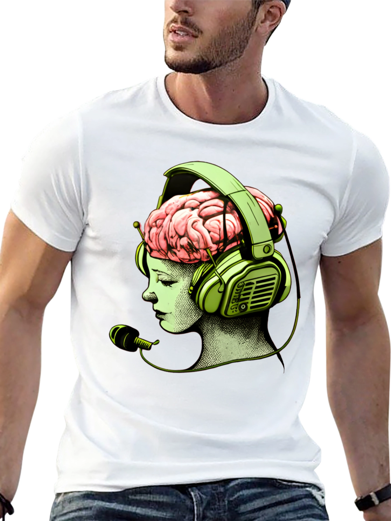 Camiseta Negra con Diseño Cerebral y Auriculares