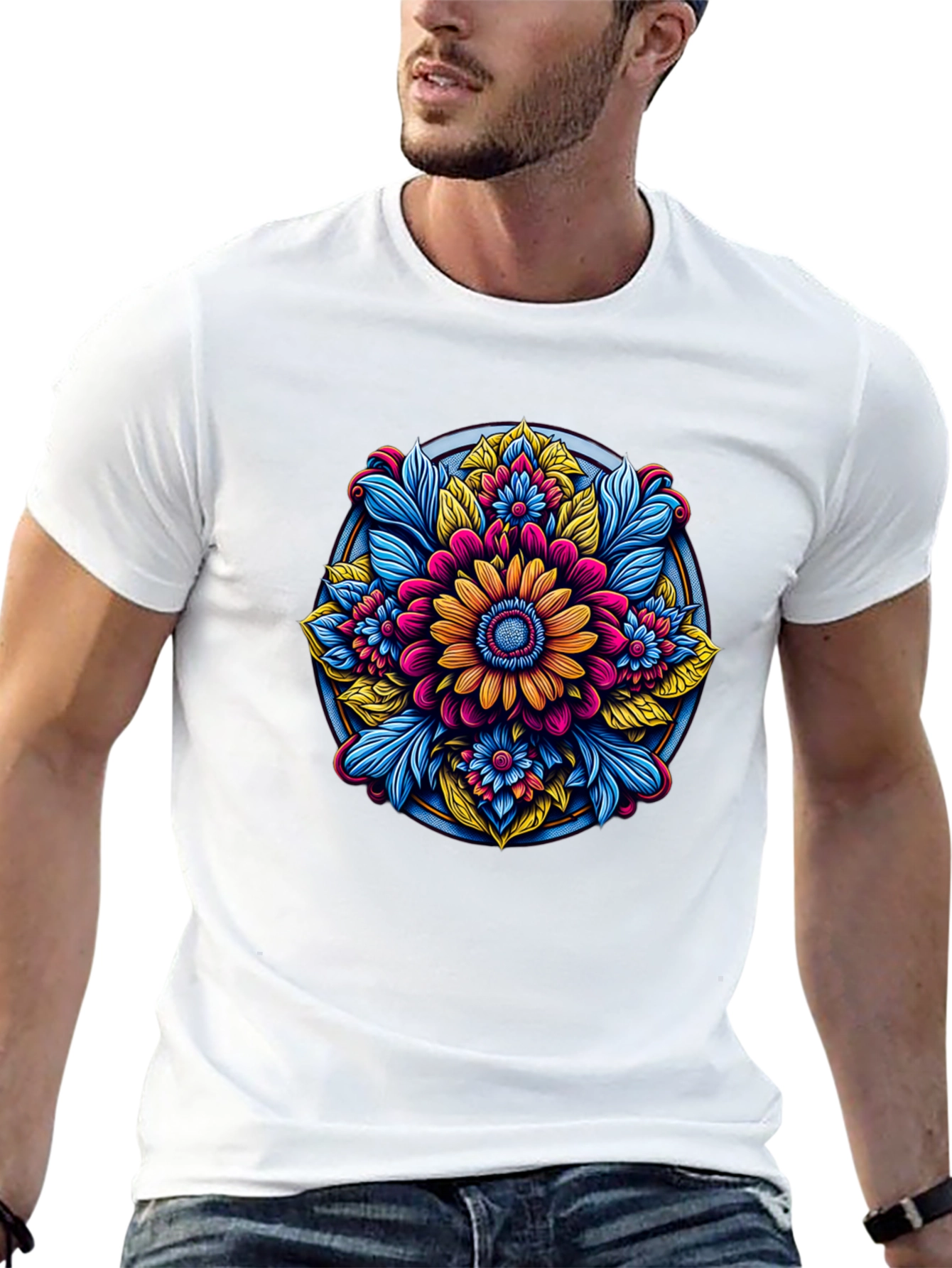 Camiseta Negra con Diseño Floral Mandala