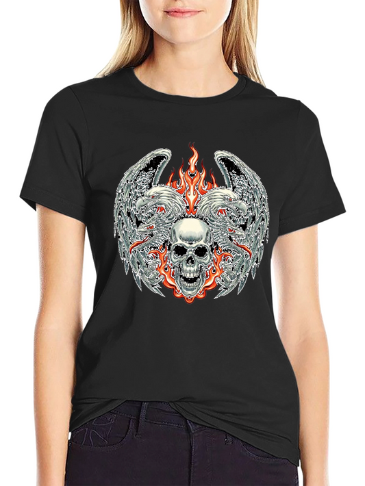 Camiseta Negra con Diseño de Calavera y Fuego