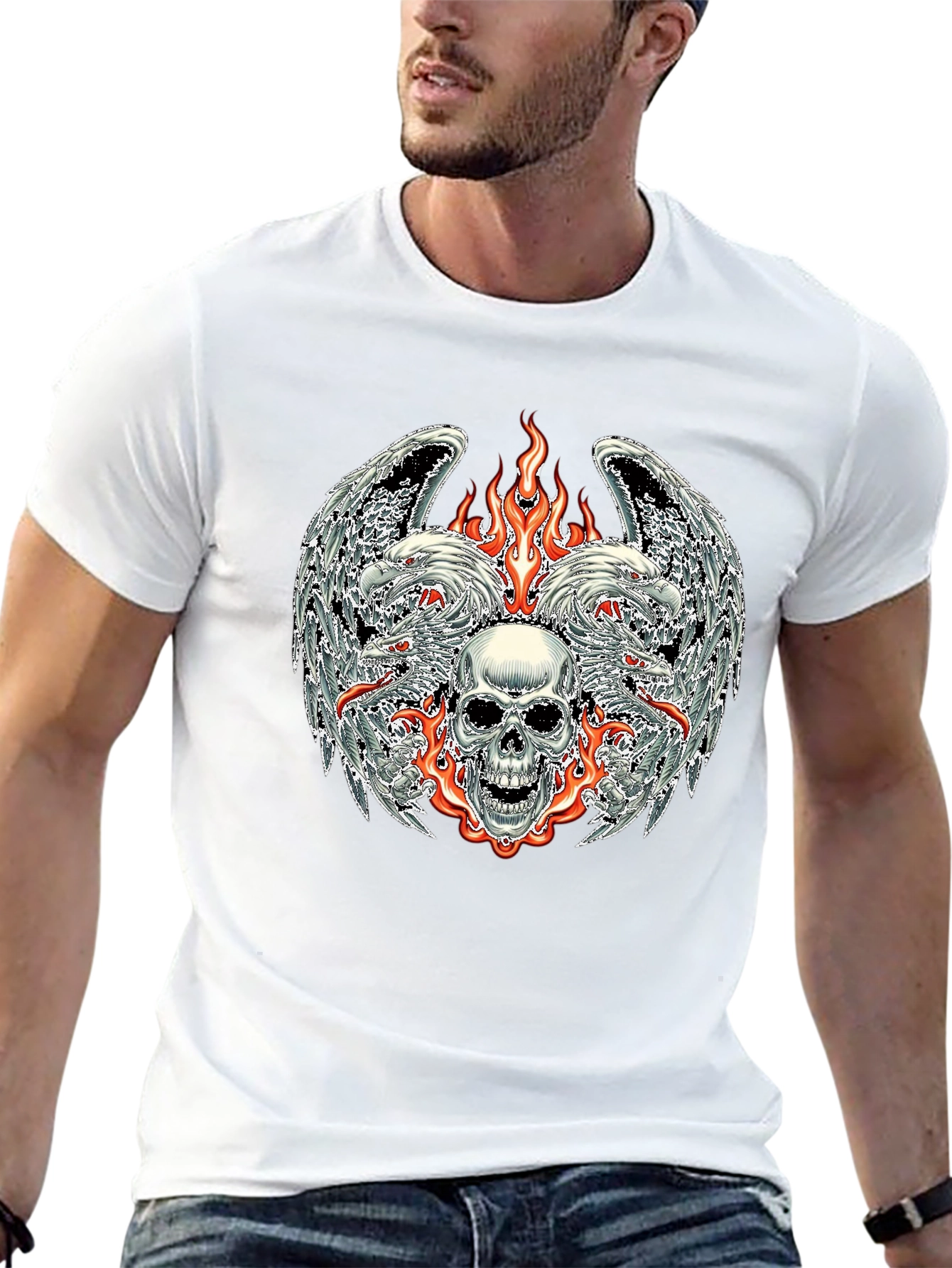 Camiseta Negra con Diseño de Calavera y Fuego