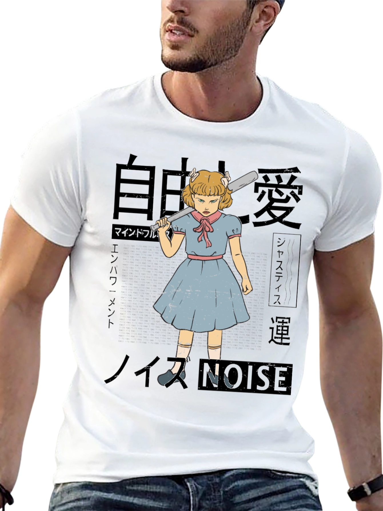 Camiseta Negra con Estampado Artístico de Chica Anime