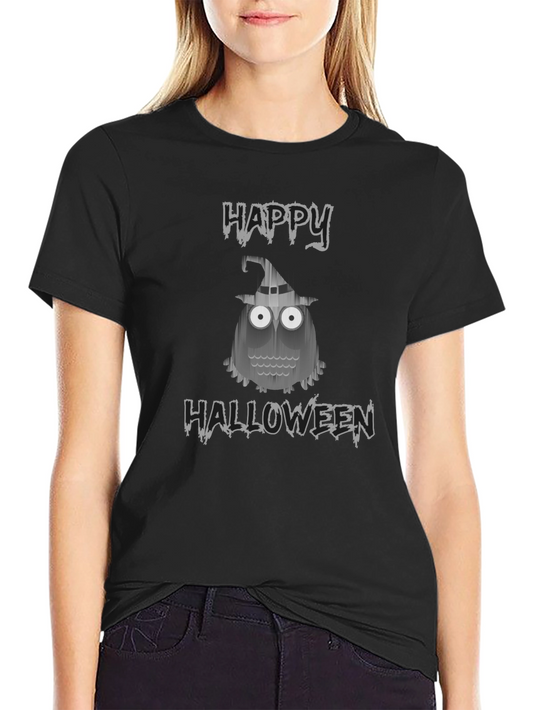 Camiseta Negra Halloween con Diseño de Búho Fantasmal