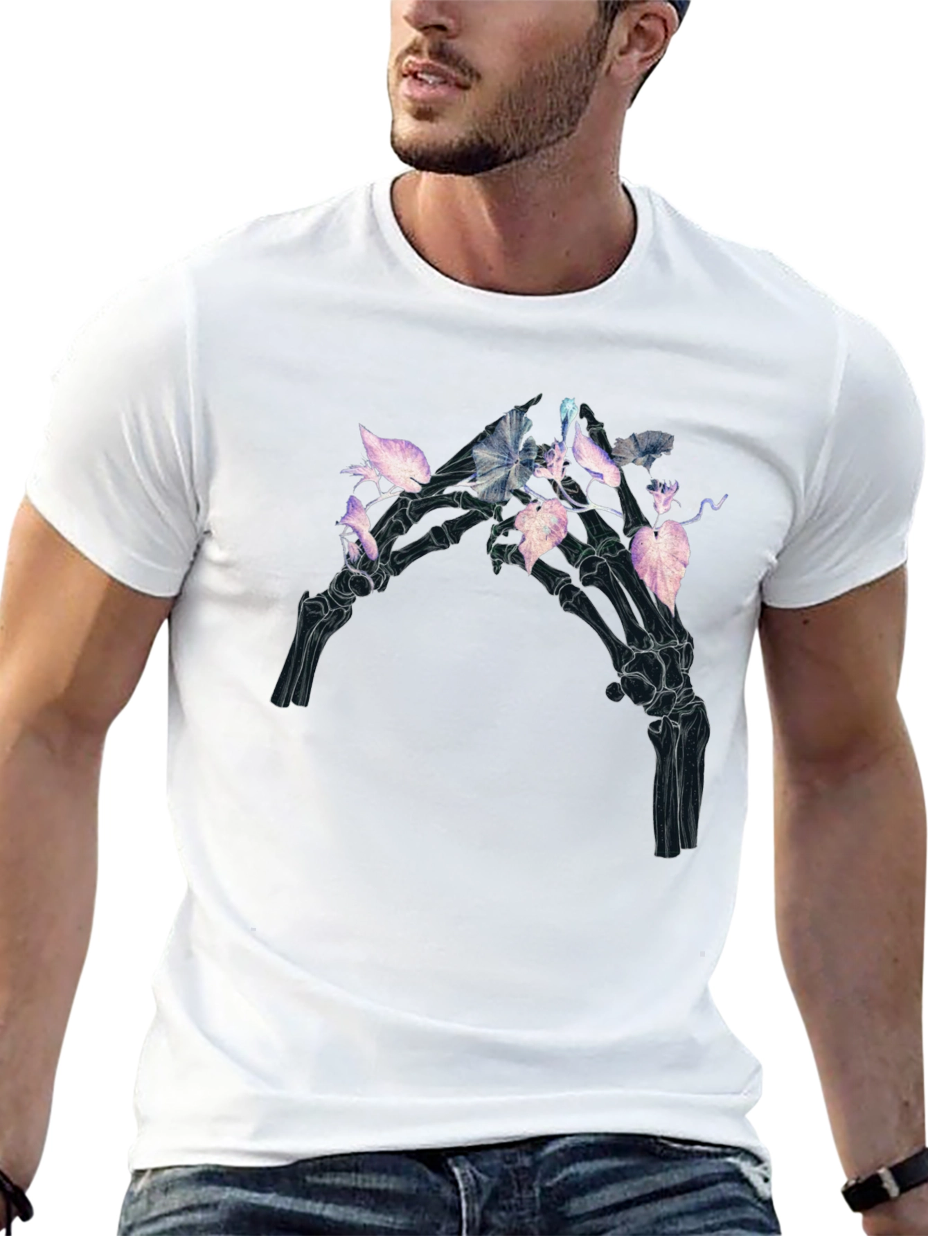 Camiseta Negra con Diseño Floral Esquelético