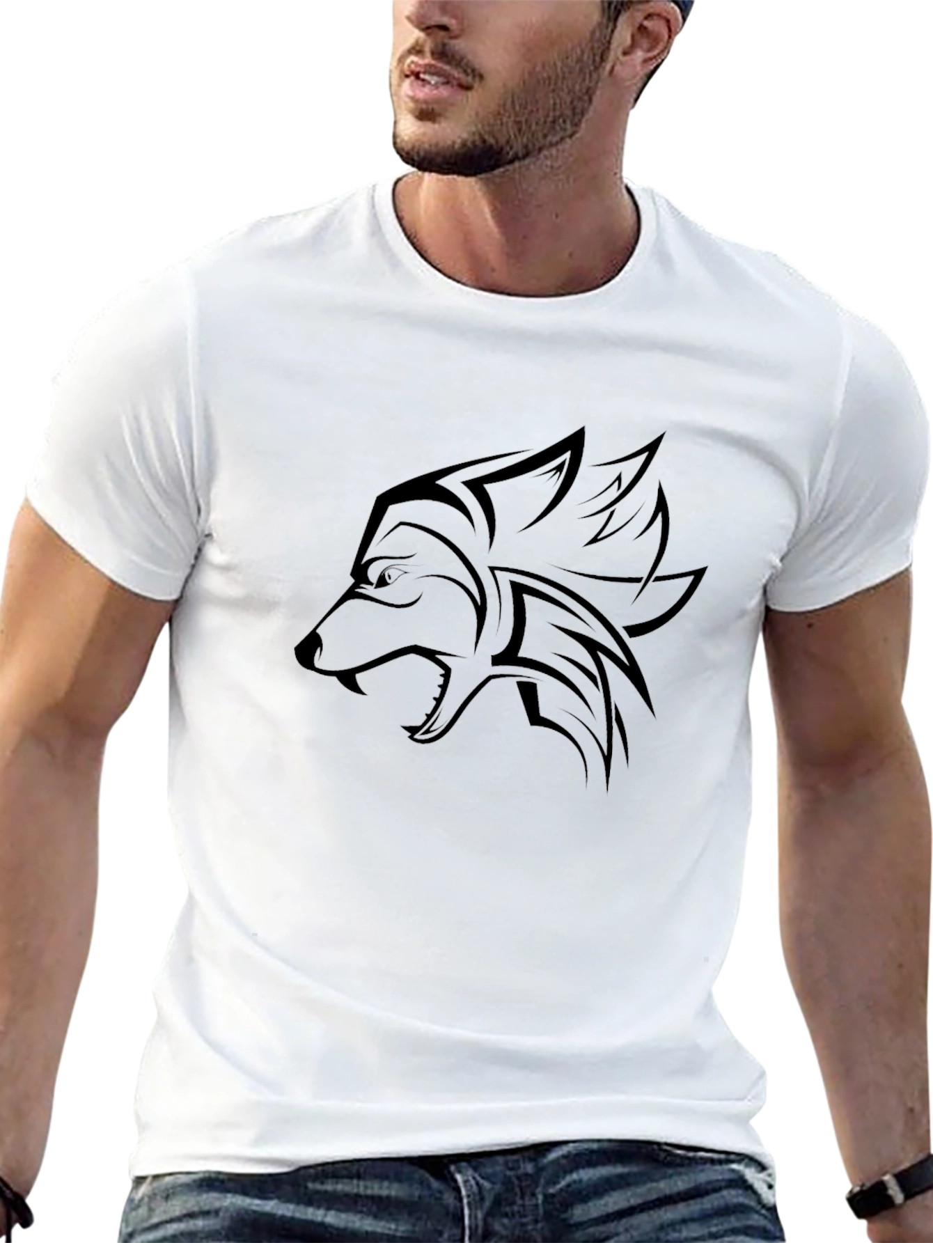 Camiseta Negra con Diseño de Lobo Tribal