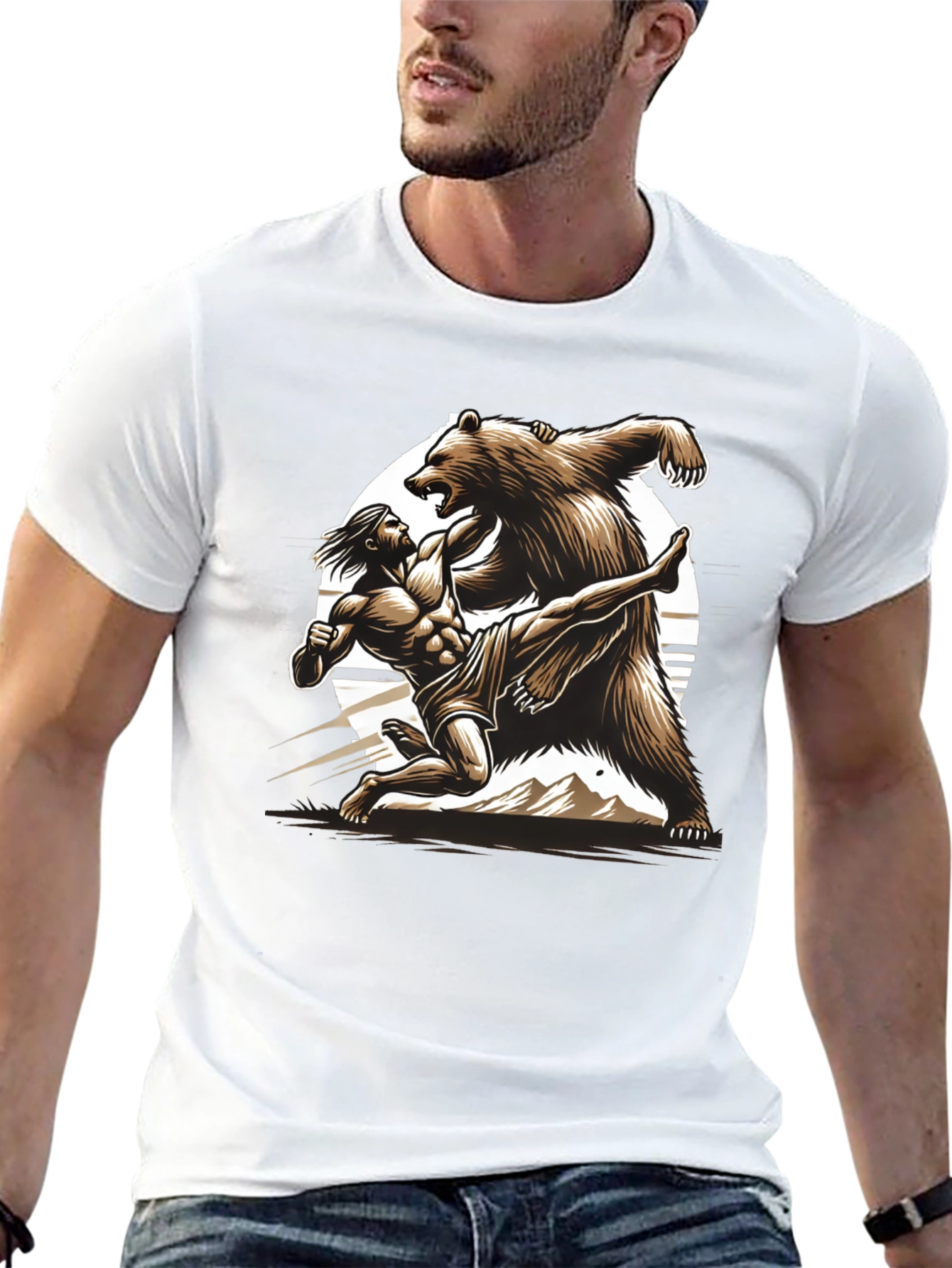 Camiseta Hombre: Lucha Épica Oso vs Guerrero