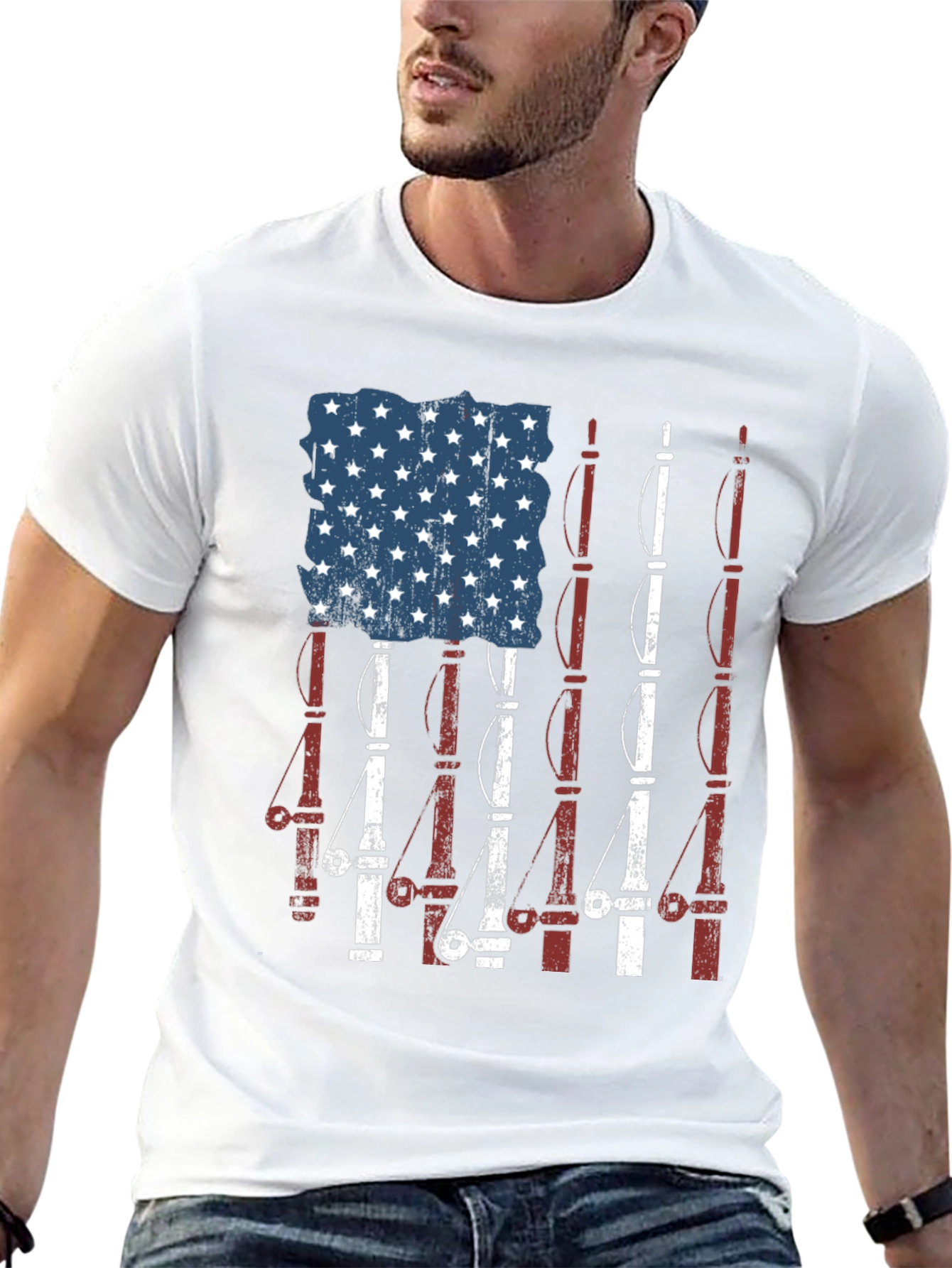 Camiseta Negra Diseño Bandera Americana y Cañas de Pescar