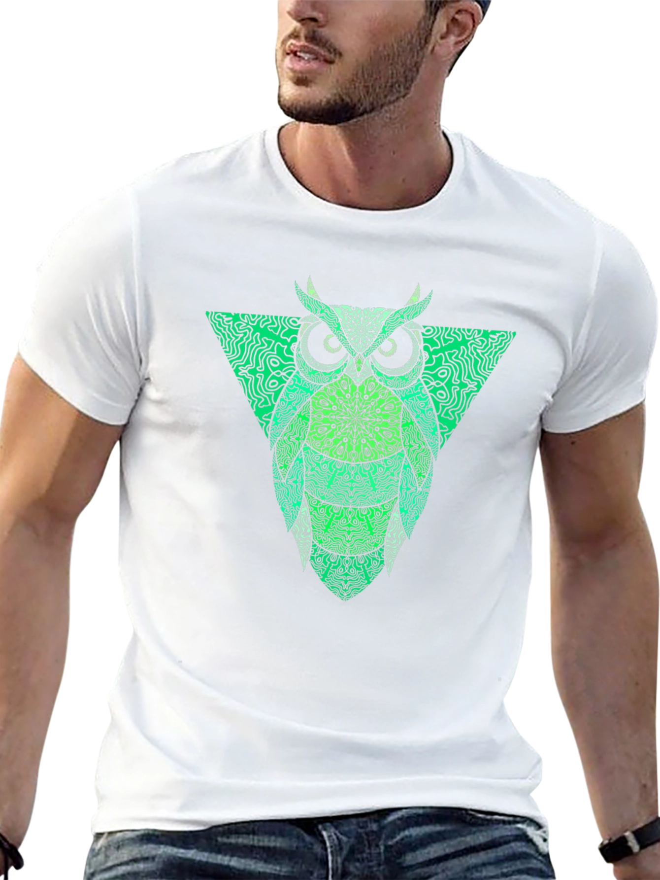 Camiseta Hombre Negra con Búho Triángulo Verde