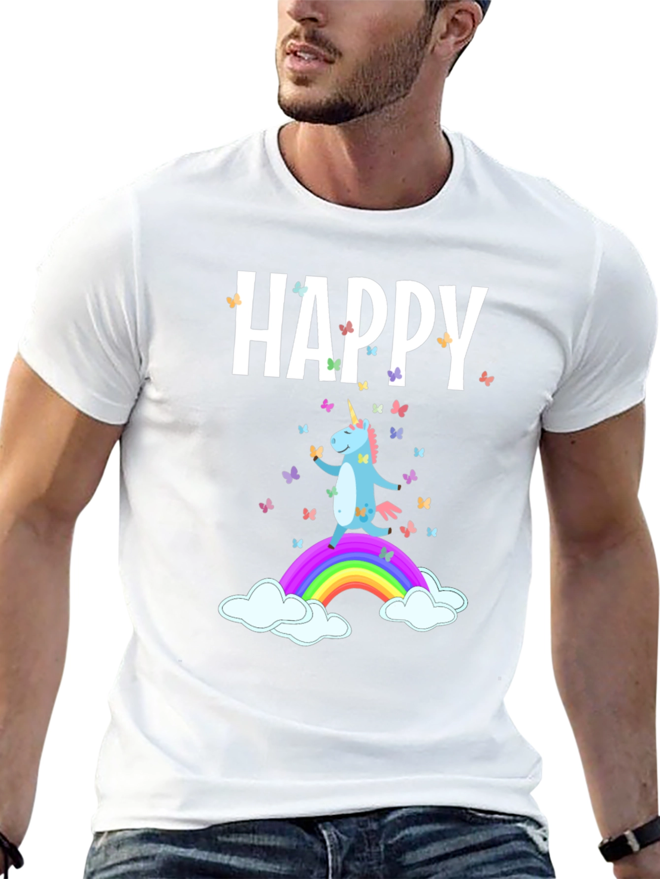 Camiseta Negra Unicornio Feliz Arcoíris