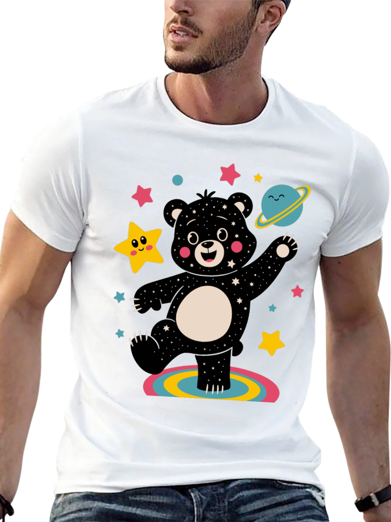 Camiseta Negra con Oso Cósmico Divertido