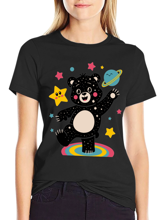 Camiseta Negra con Oso Cósmico Divertido