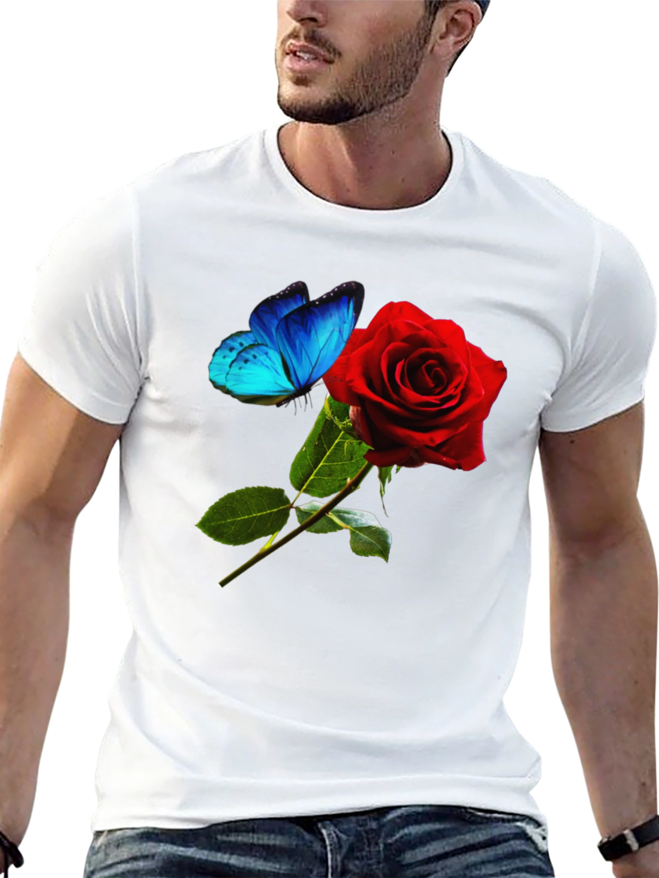 Camiseta Negra: Rosa Roja y Mariposa Azul