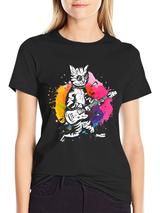 Camiseta Negra con Diseño de Gato Rockero
