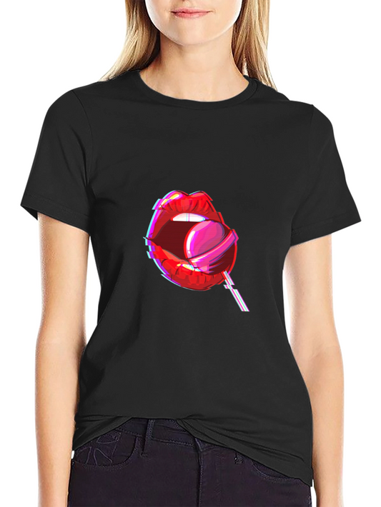 Camiseta Negra con Diseño de Labios y Piruleta