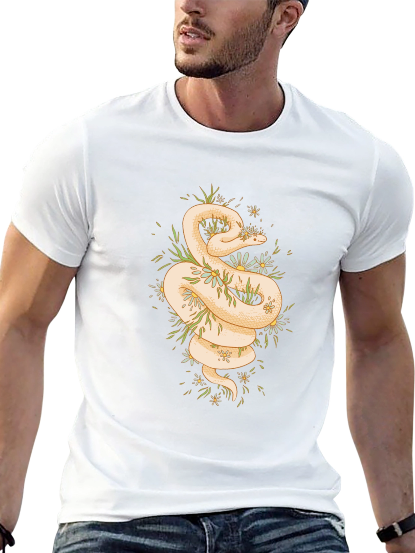 Camiseta Negra con Diseño de Serpiente Floral