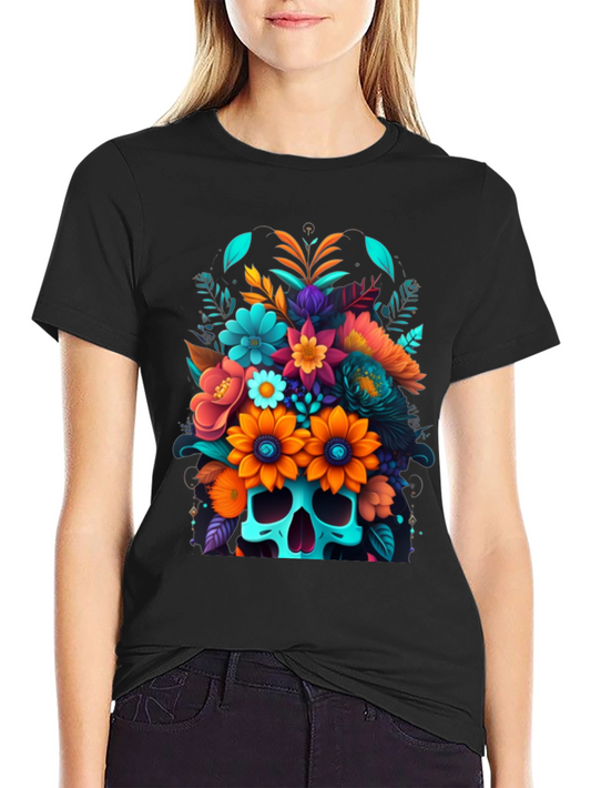 Camiseta Negra con Calavera Floral Colorida