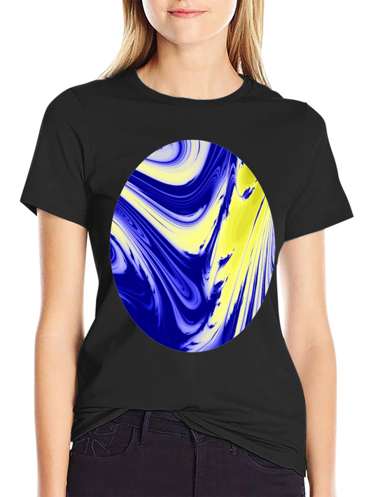 Camiseta Negra con Diseño Abstracto Azul y Amarillo