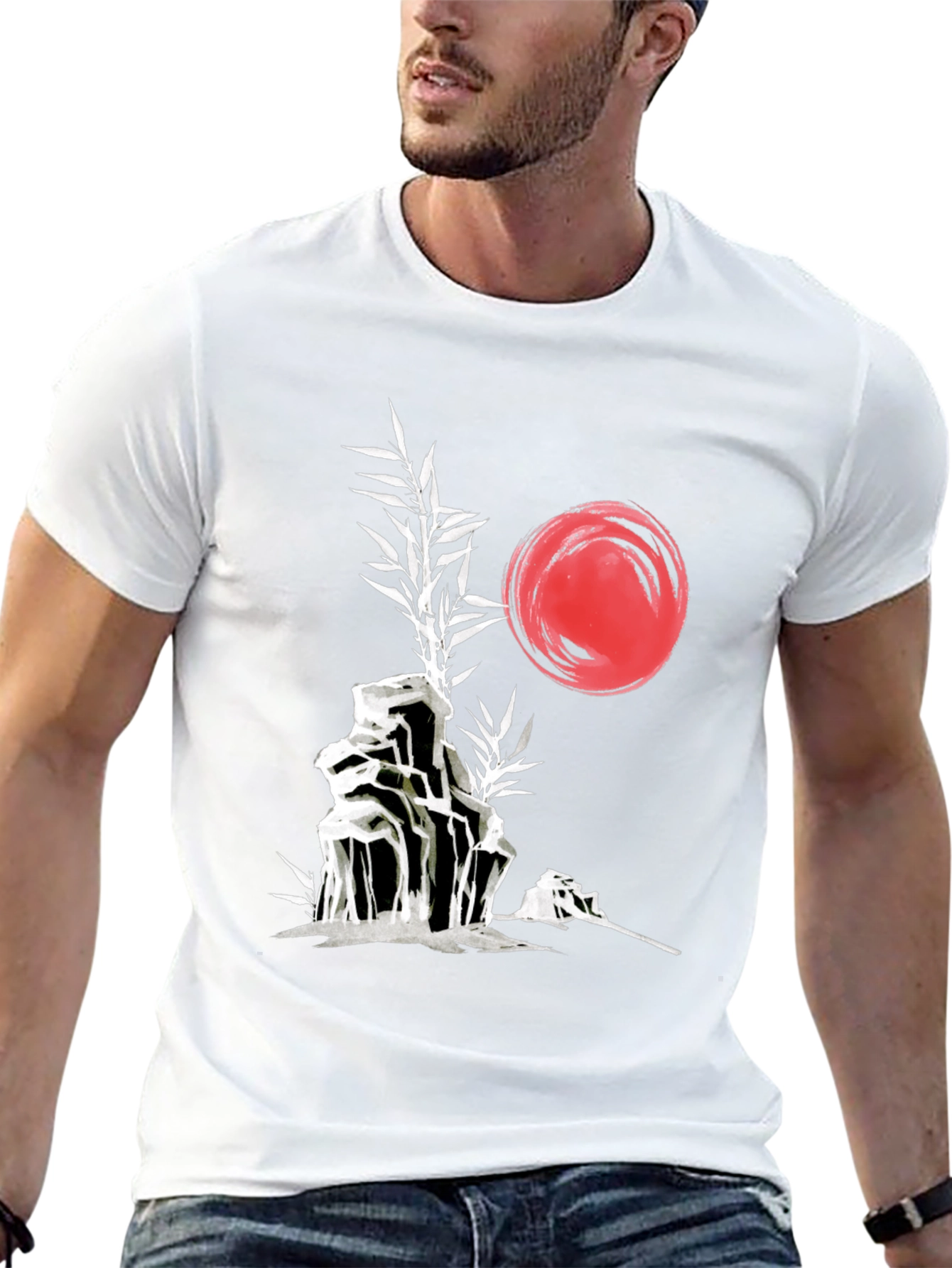 Camiseta Negra: Jardín Zen Japonés con Sol Rojo