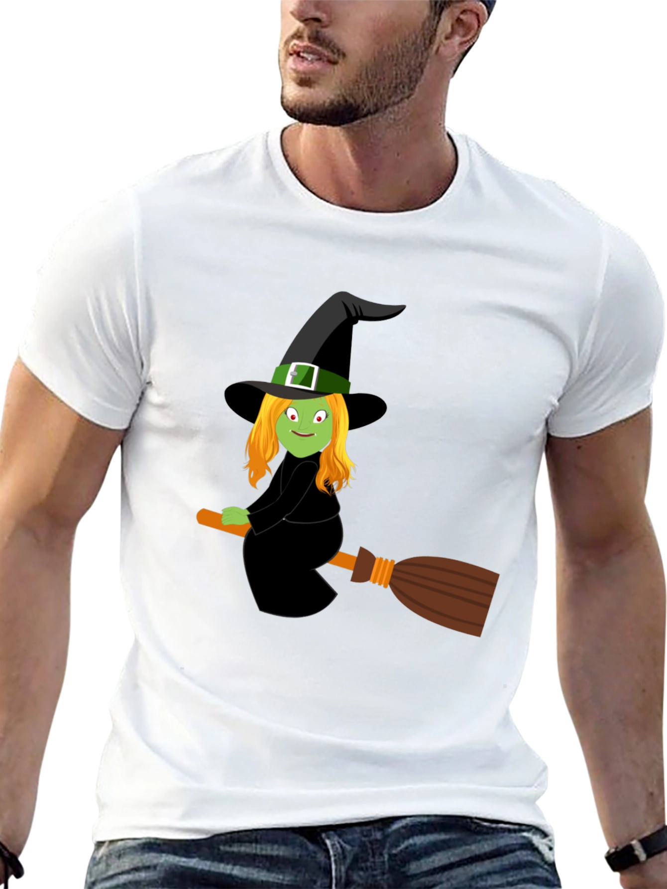 Camiseta Negra con Bruja en Escoba para Halloween