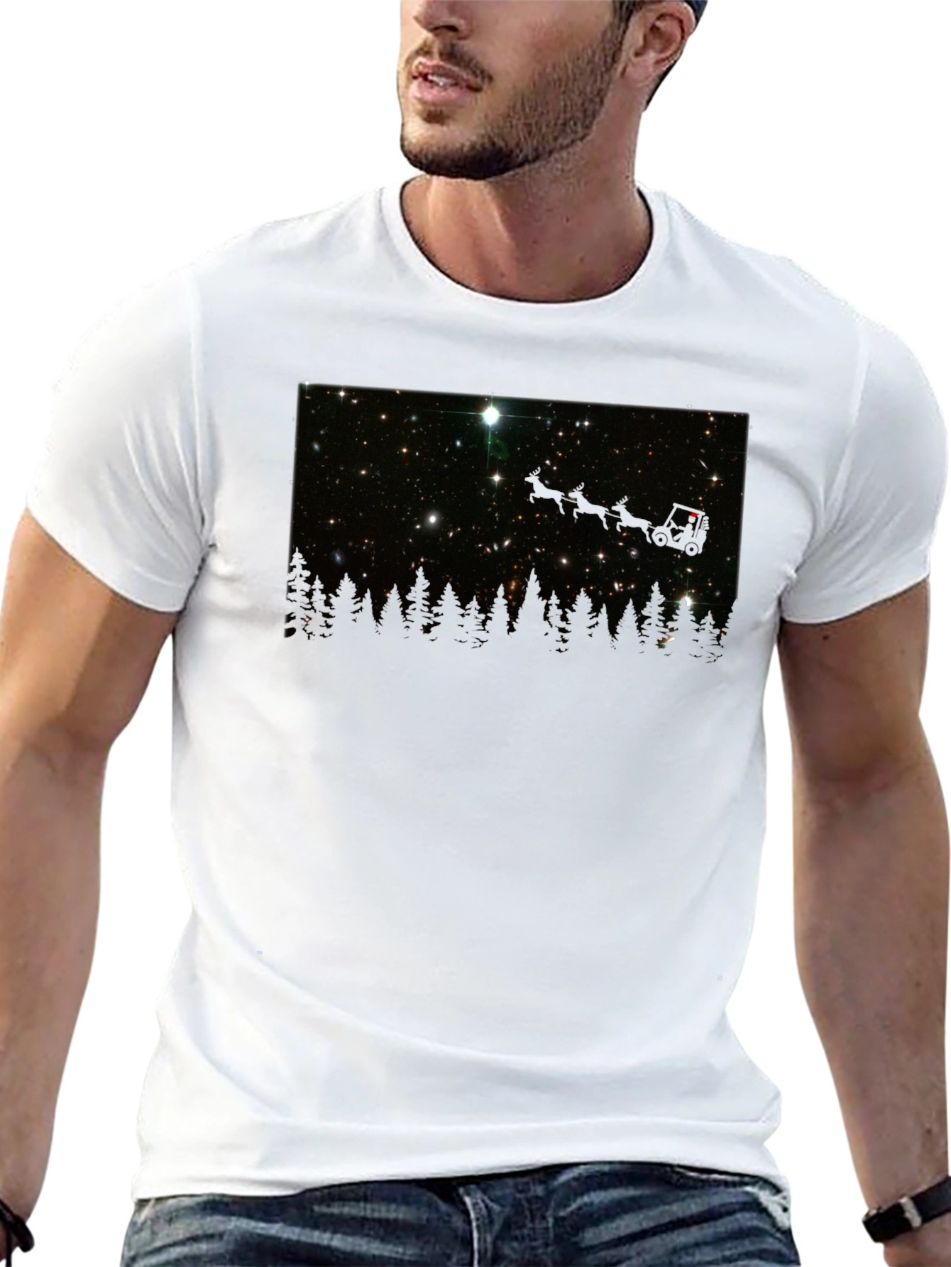 Camiseta Negra con Estrellas y Bosque Nocturno