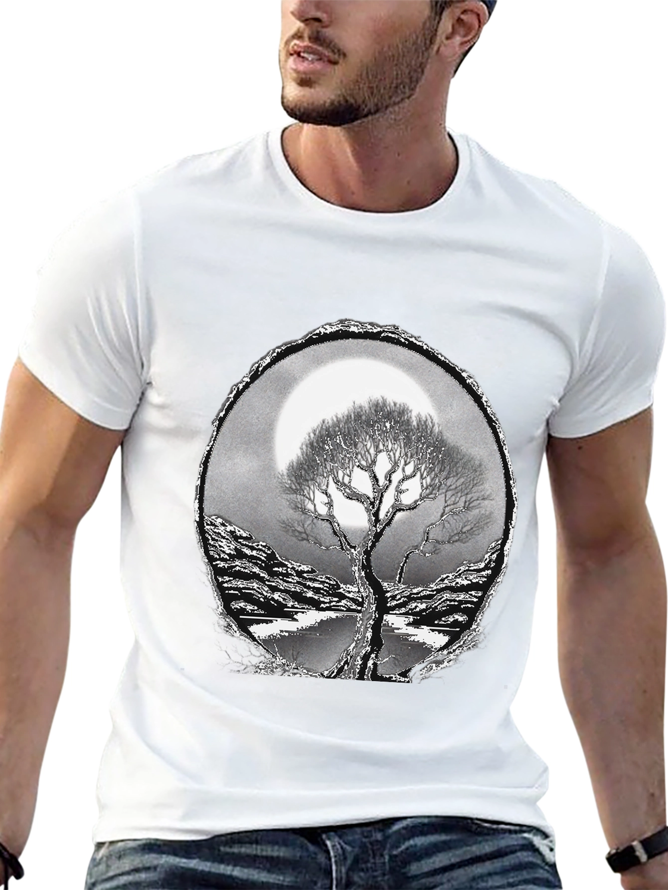 Camiseta Negra con Diseño de Árbol y Luna