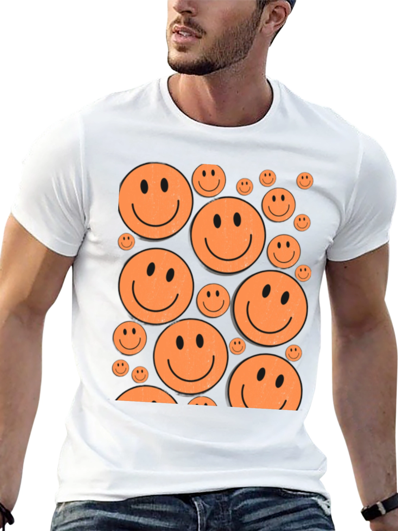 Camiseta Negra con Caritas Sonrientes Naranjas