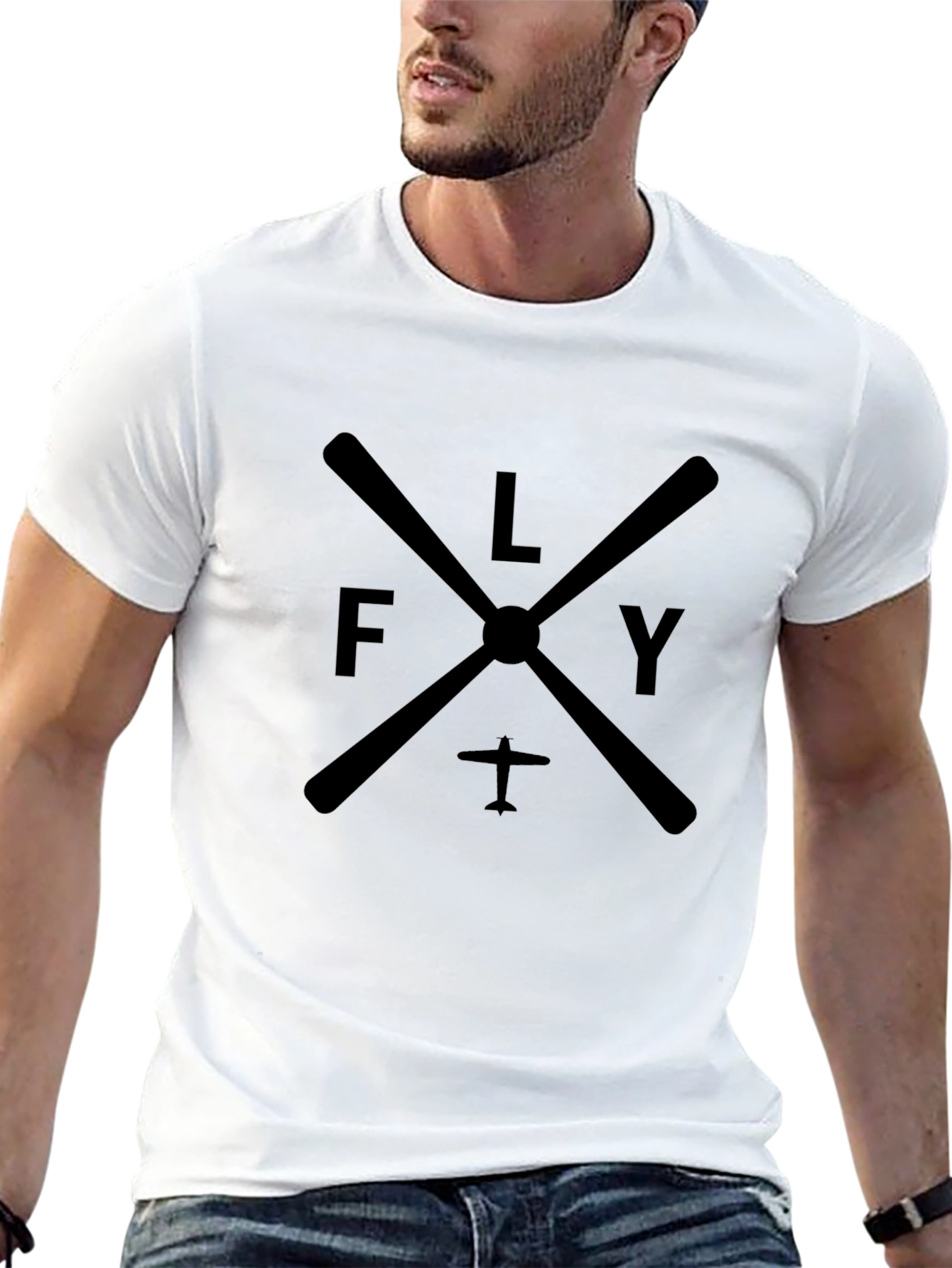 Camiseta Negra Hombre Estampado Fly Estilo Aviación