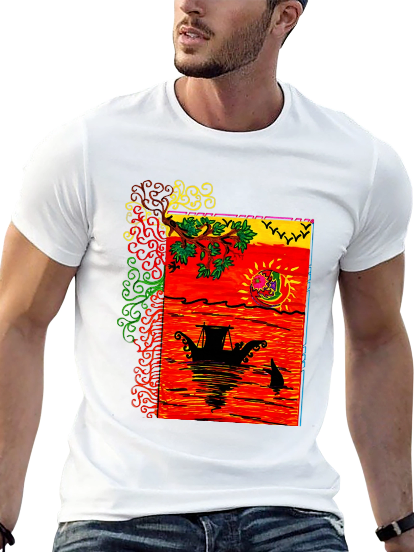 Camiseta Negra con Diseño Artístico de Barco al Atardecer