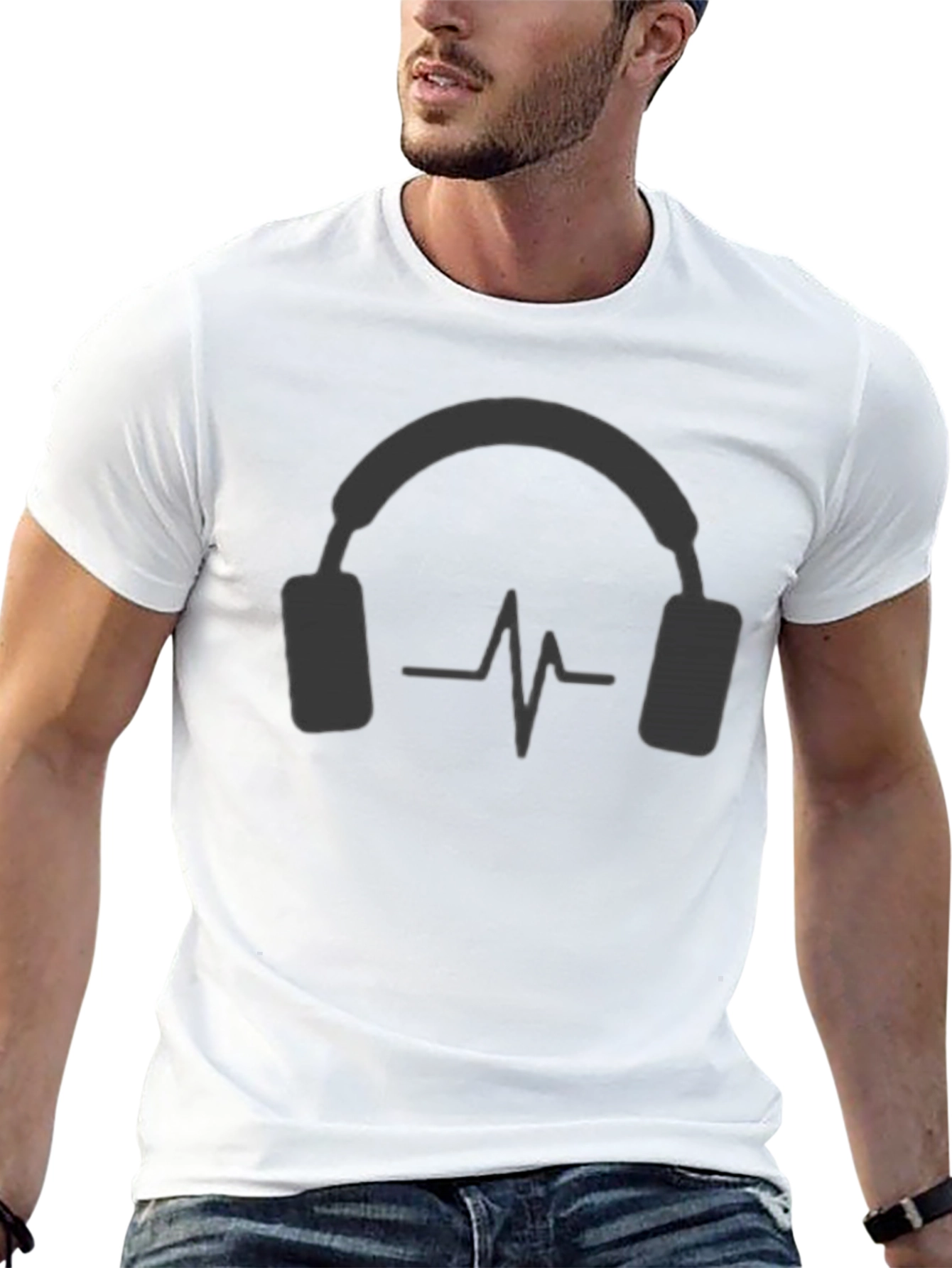 Camiseta Negra con Diseño de Auriculares y Ritmo Cardíaco