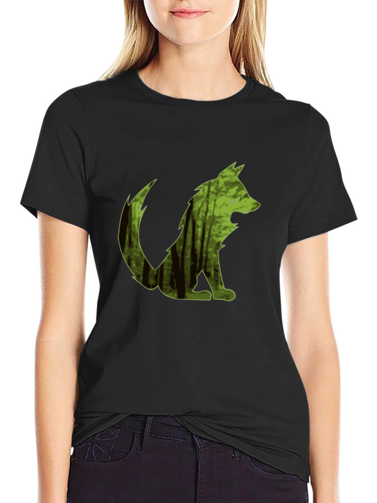 Camiseta Negra Hombre Diseño Lobo Bosque
