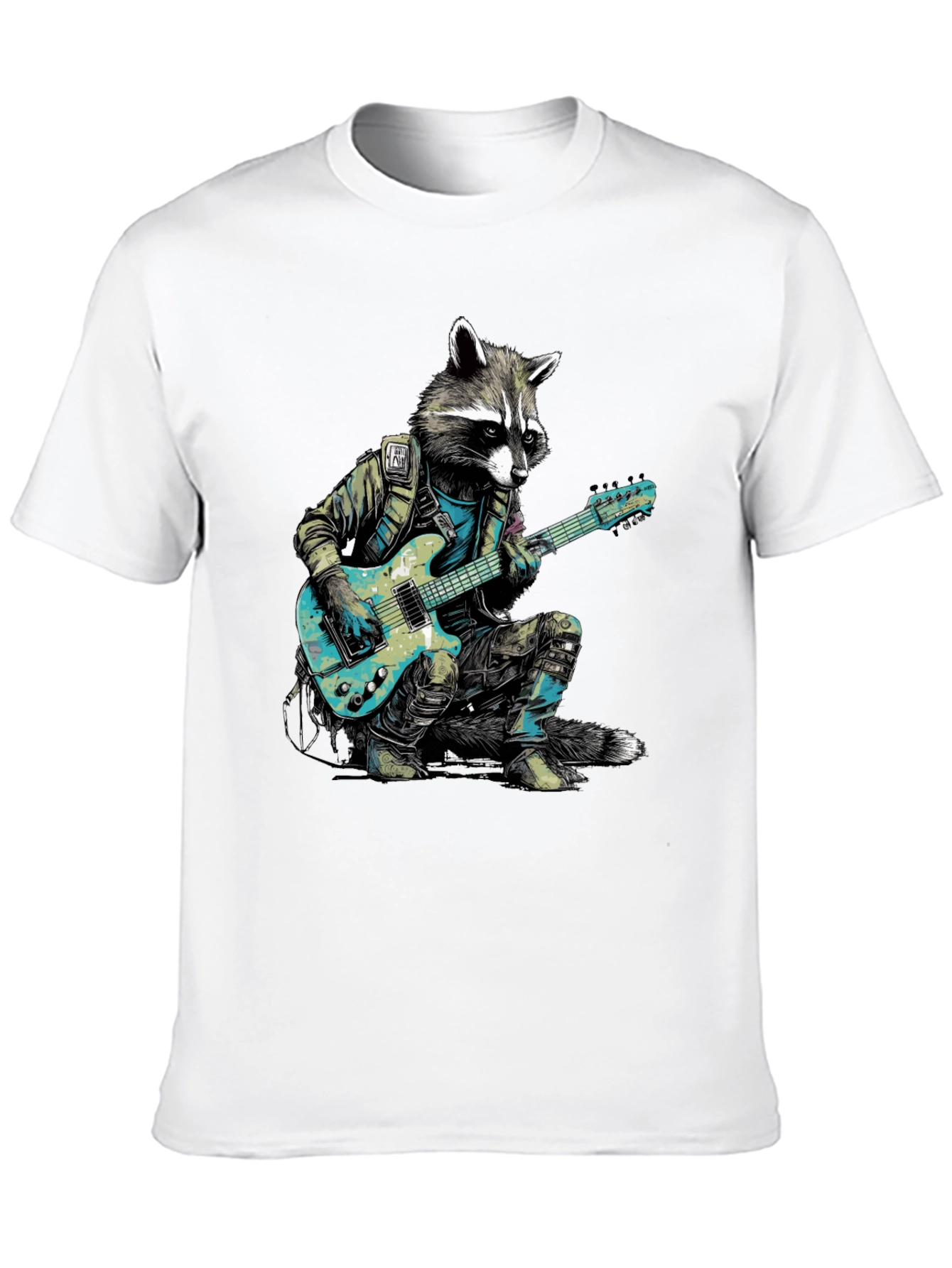 Camiseta Negra con Mapache Rockero Guitarrista