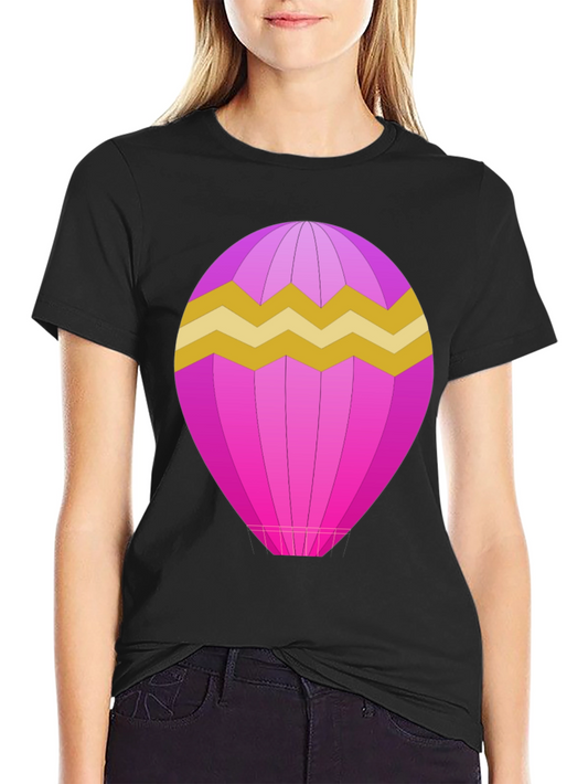 Camiseta Negra con Diseño de Globo Aerostático Rosa y Amarillo