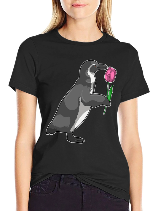Camiseta Negra con Pingüino y Tulipán