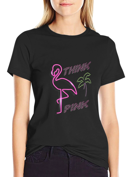 Camiseta Negra con Diseño Neón de Flamenco Think Pink