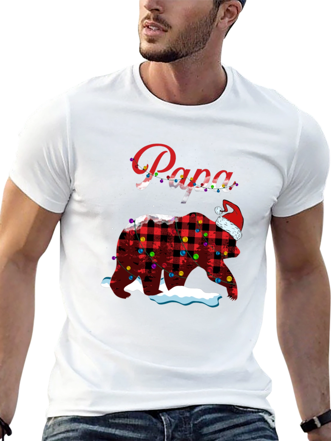 Camiseta Papa Oso Navideño a Cuadros con Luces