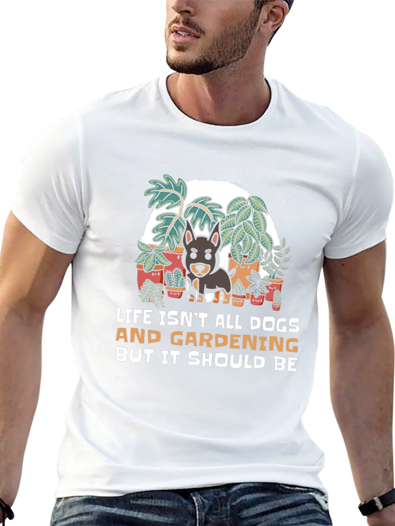 Camiseta Negra: Perros Jardinería y Humor