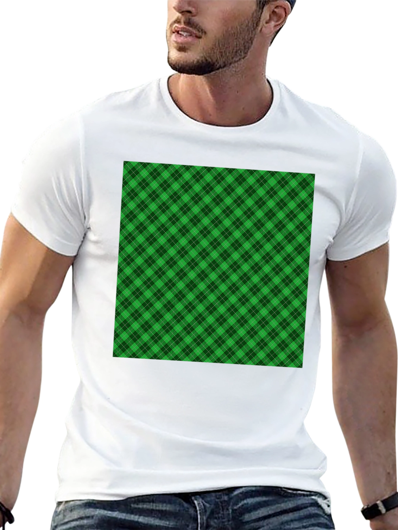 Camiseta Negra con Diseño Tartán Verde
