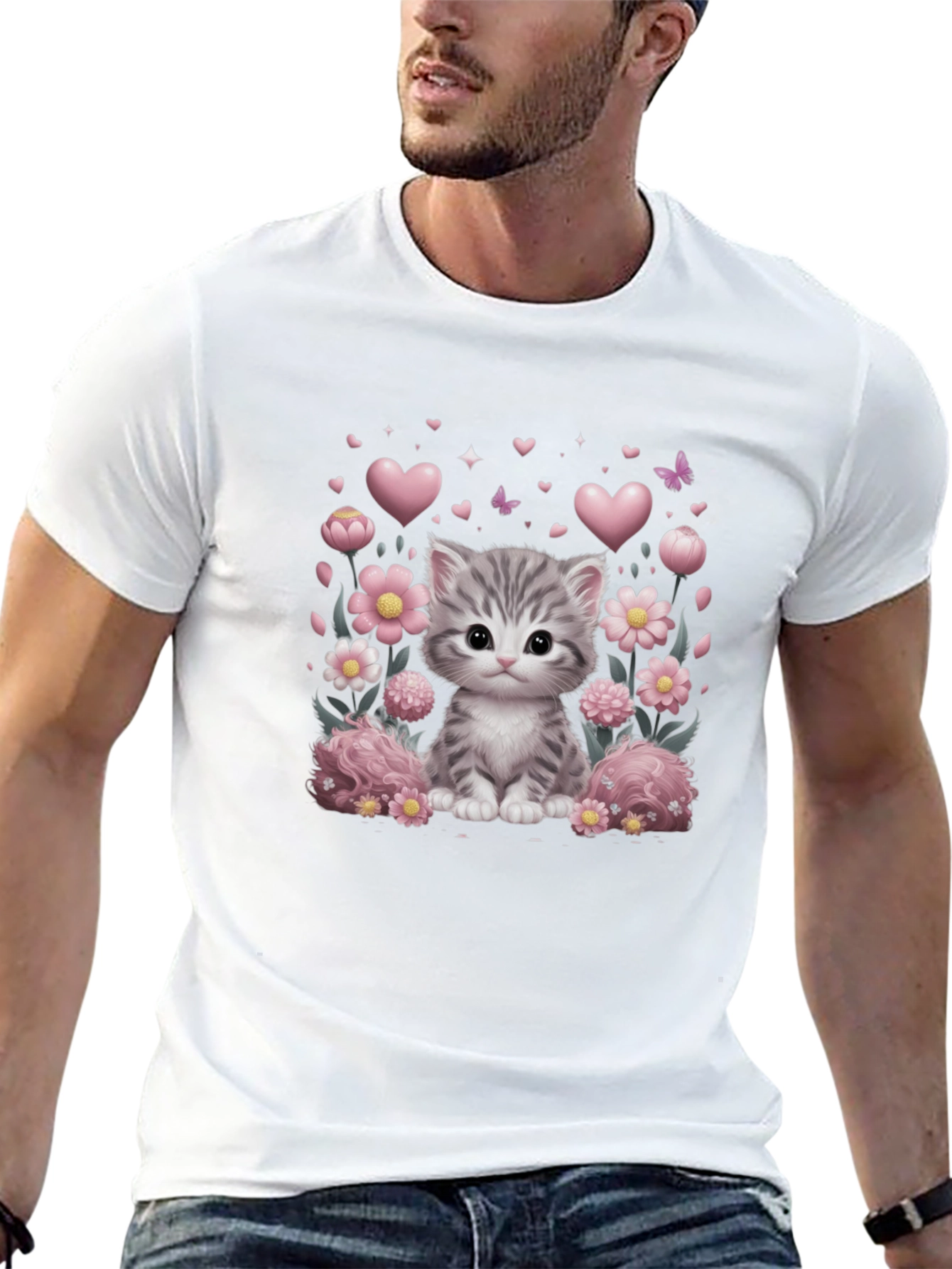 Camiseta Negra con Diseño de Gato y Flores