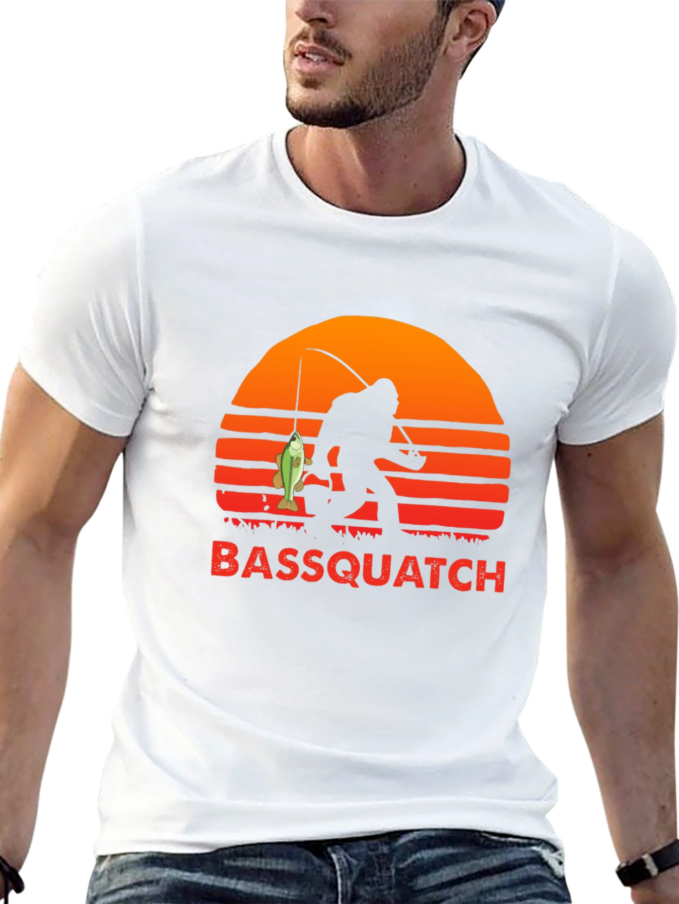 Camiseta Bassquatch: Bigfoot Pescador al Atardecer