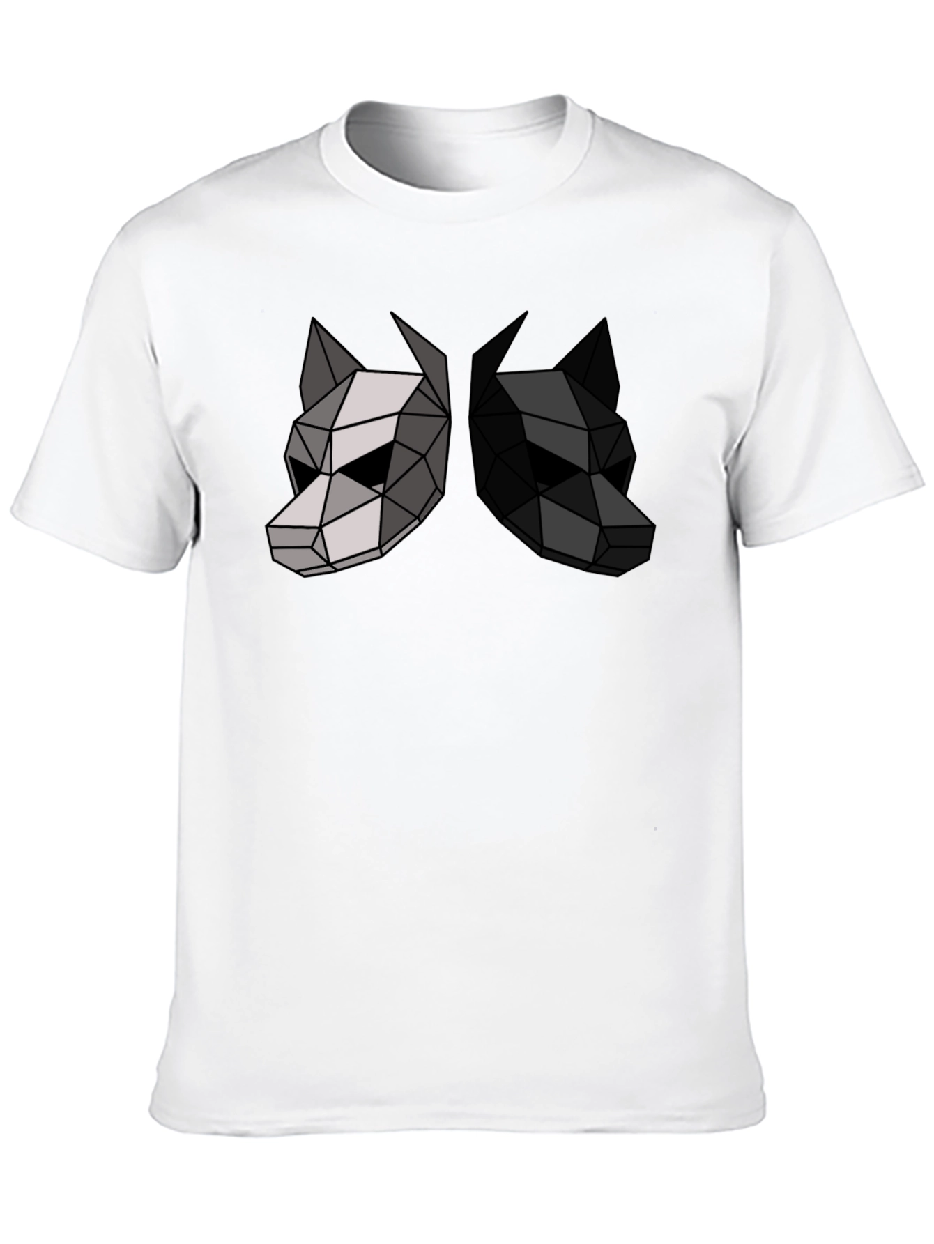 Camiseta Negra con Diseño Geométrico de Dos Lobos