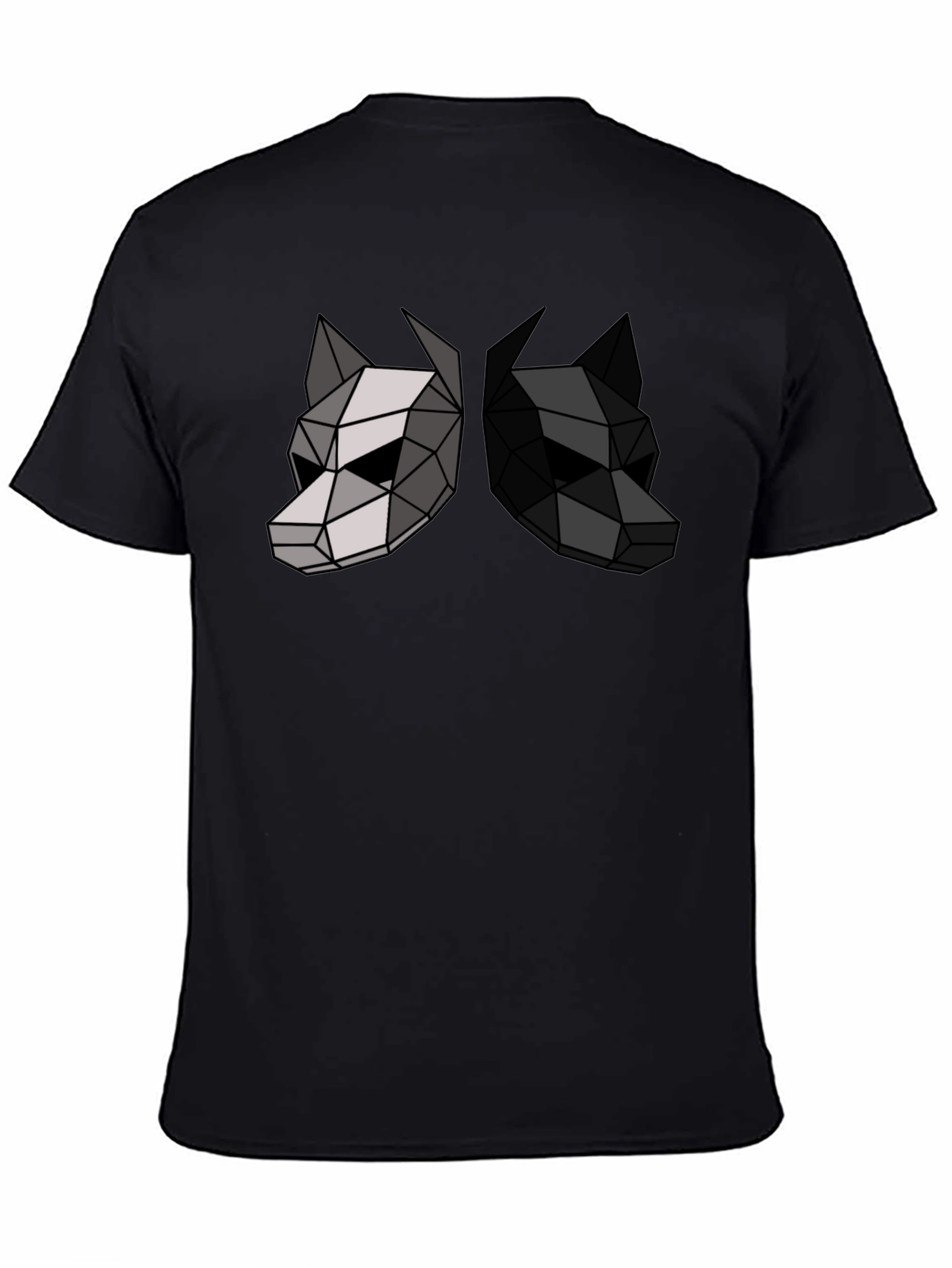 Camiseta Negra con Diseño Geométrico de Dos Lobos