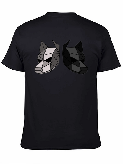 Camiseta Negra con Diseño Geométrico de Dos Lobos
