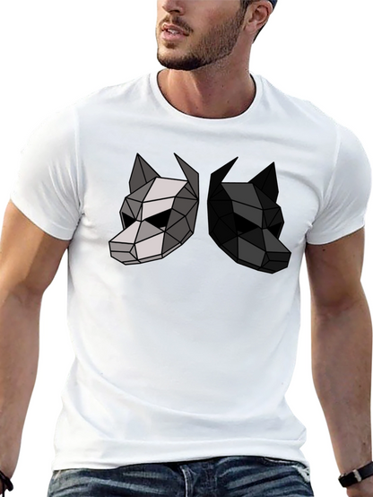 Camiseta Negra con Diseño Geométrico de Dos Lobos
