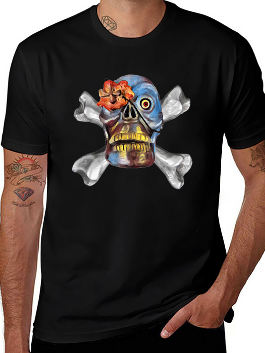 Camiseta Negra Calavera Pirata con Flores y Huesos Cruzados