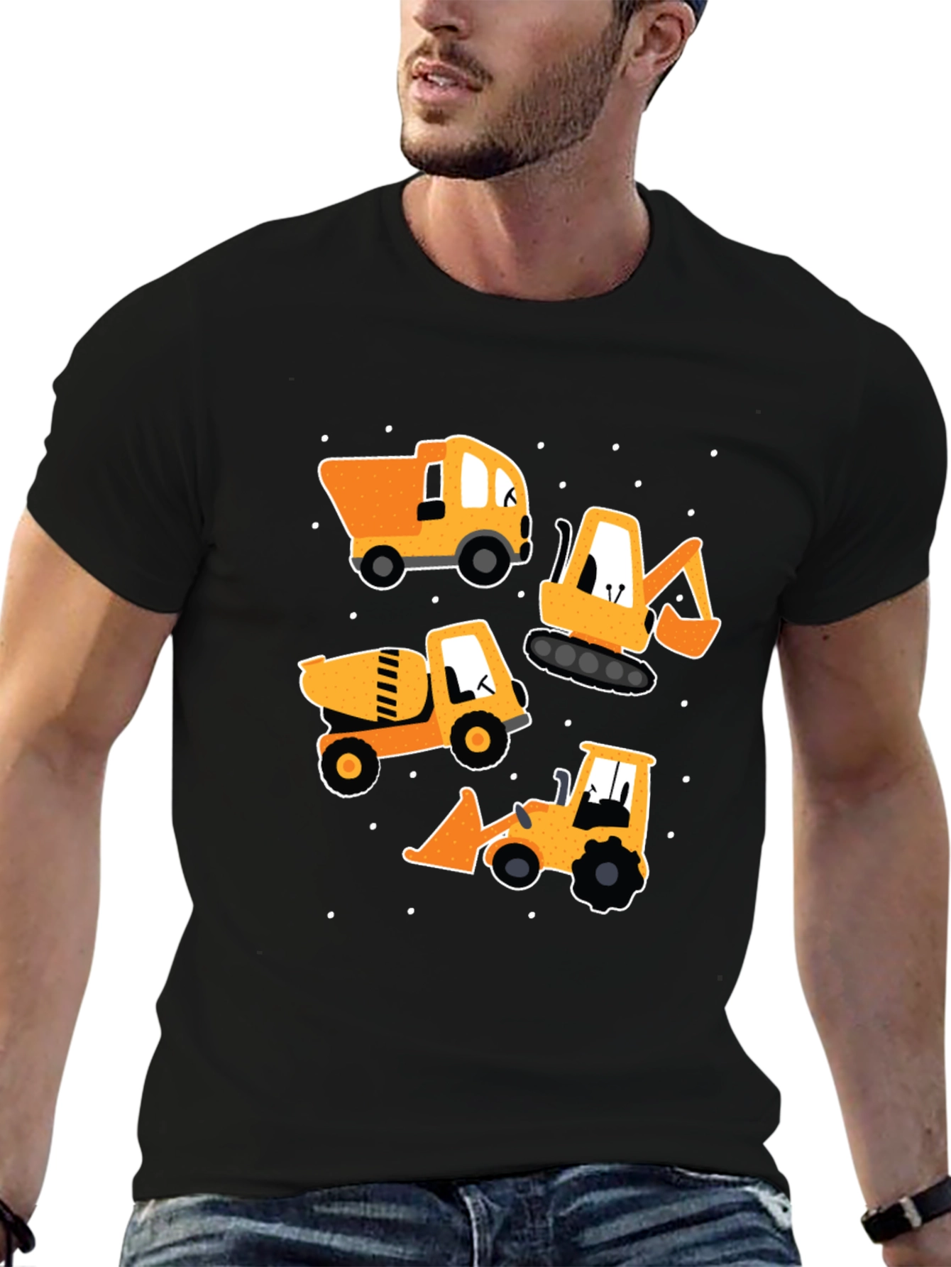 Camiseta Negra con Dibujos de Maquinaria de Construcción