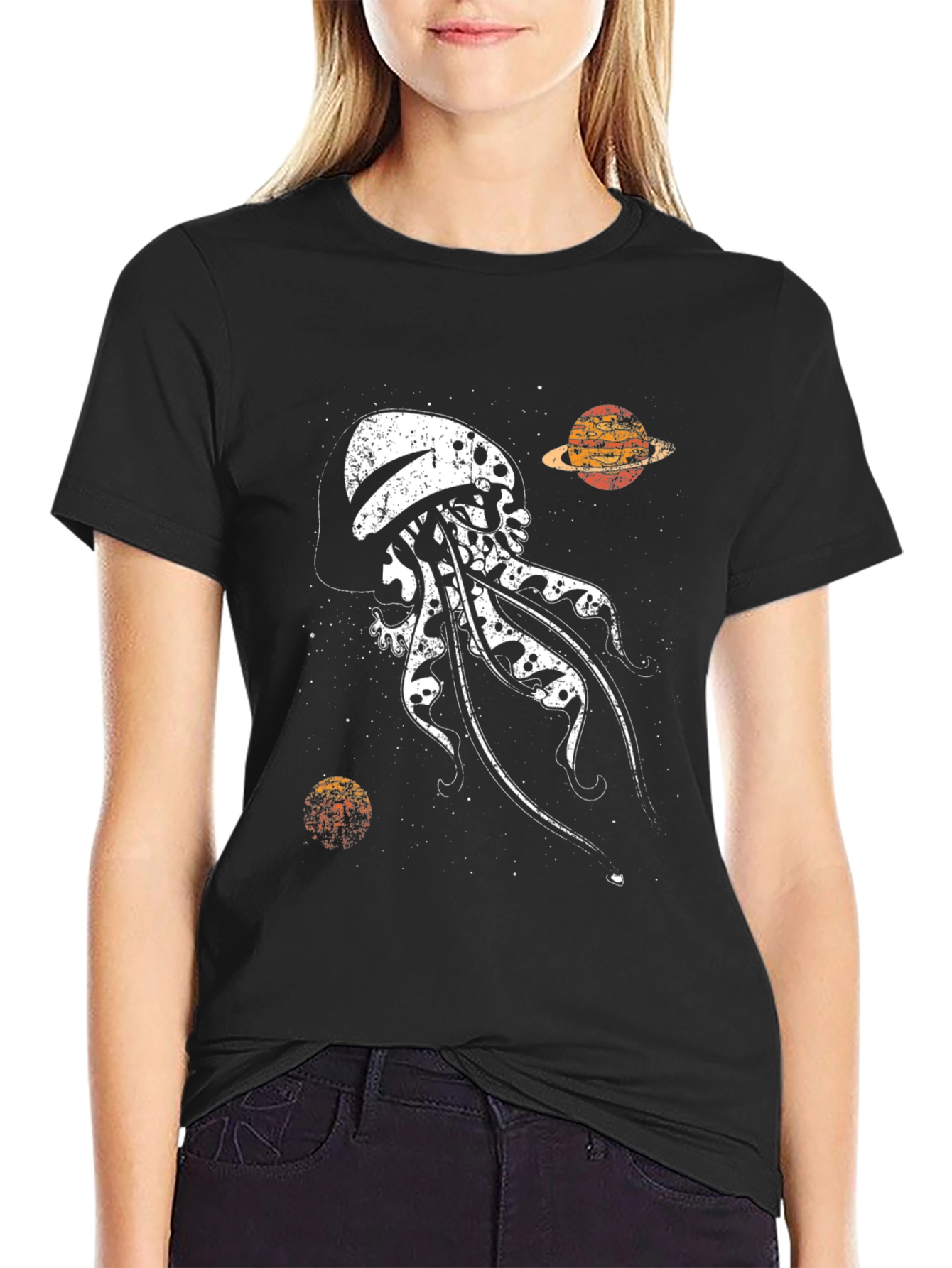 Camiseta Negra Estampada: Medusa Espacial